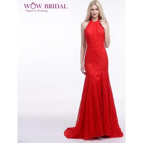 Wowbrial Graceful Lace Red Evening Dress 2021 Halter Off the Shoulder Lace Appliqued Embroidery Mermaid Draped Long Formal Dress
