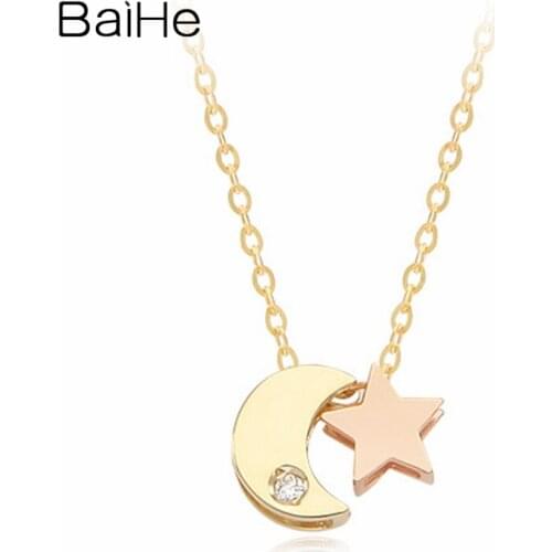 BAIHE Solid 18K Yellow Rose Gold 0.01ct Natural Diamond Women Wedding Gift Fine Jewelry Elegant Trendy Moon Star Necklaces
