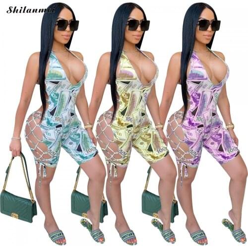 Sexy Hollow Bodycon Rompers Women Jumpsuits Lace Up Bandage Outfits Party Clubwear Money Dollar Printed Backless Bodysuits 3XL