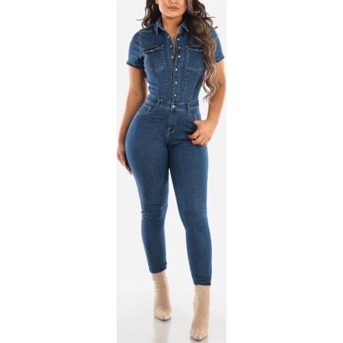 Women Jumpsuit High Waist Summer Bodycon Turn Down Collar Sine-Breasted Denim Romper Sexy Short Sleeve Tight Overall