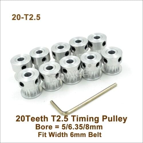 POWGE 20 Teeth T2.5 Timing Pulley Bore 5/6.35/8mm Fit W=6mm T2.5 Synchronous Belt 20T 20Teeth T2.5 Timing Belt Pulley 3D Printer