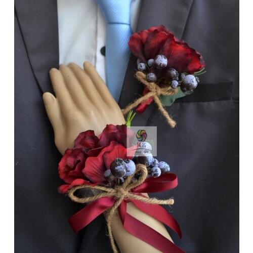 Handmade Wedding Corsages Groom Boutonniere Bride Bridesmaid Hand Wrist Flower Artificial Flowers Prom Corsage Wine Red Flower