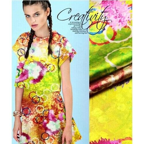 118cm wide 19mm 93% silk & 7% spandex green orange red print silk satin fabric for dress shirt clothes 528