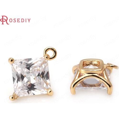 31920)6PCS 5MM 6MM 7MM 24K Champagne Gold Color Brass with Zircon Square Connect Charms Pendants Jewelry Findings Accessories
