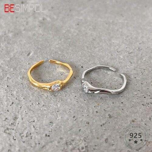 Besimpol Real s925 Sterling Silver Irregular Ring Simple Fashion Adjustable Zircon Rings For Women Luxury Fine Jewelry Gifts