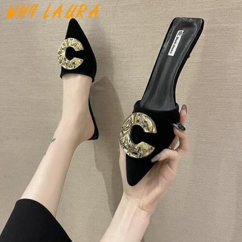 Sandals womens wear summer fashion pointed shoes round button web celebrity thin low heel lazy half slippers women bun low heel