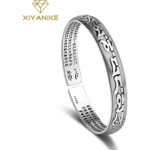XIYANIKE 925 Sterling Silver Simple Handmade Buddhist Scripture Cuff Bracelet for Women Vintage Religious Jewelry Adjustable