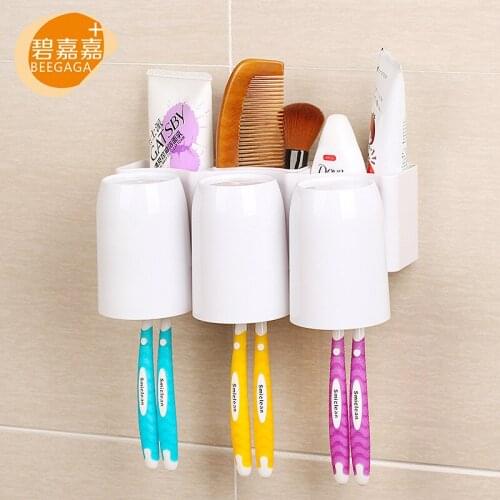 Three Tooth Tumblers and Six Toothbrushes Holder Bathroom Accessories Set with Powerful Sucker Wall Mounted Storage Rack