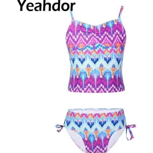 Kids Girls Summer Two Piece Swimwear Bathing Suit Print Tank Top Back Cross Shoulder Straps Side Drawstring Bikini Swimsuit