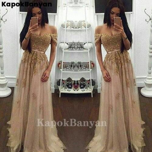 Gold Applique Off-the-shoulder Long Tulle Prom Dresses A-line Formal Evening Gown