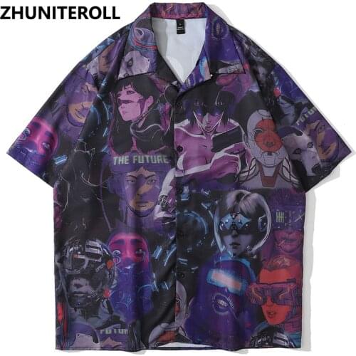 Men Hawaiian Shirt Hip Hop Harajuku Anime Character Print Streetwear Beach Shirt Button Up Summer Short Sleeve Casual Tops Shirt