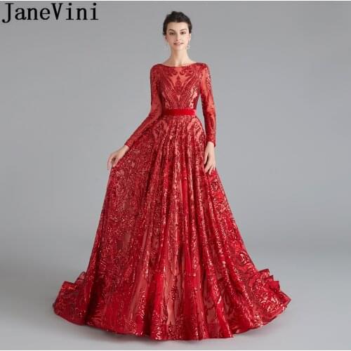 JaneVini Arabic Red Evening Prom Dresses 2019 Bling Bling Sequined Gala Party Dress Ballkleider Lang Luxury Open Back Women Gown