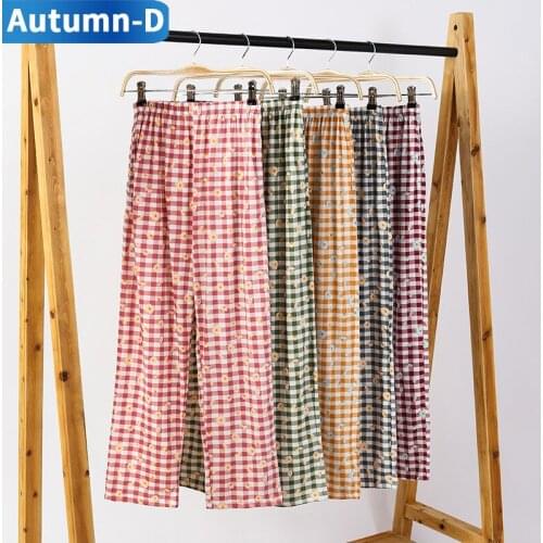 Plaid Pants Women Cotton Pajama Loose Trousers Female Plus Size Home Clothes Comfortable Green Red Yellow Wide Leg Daily Pijama