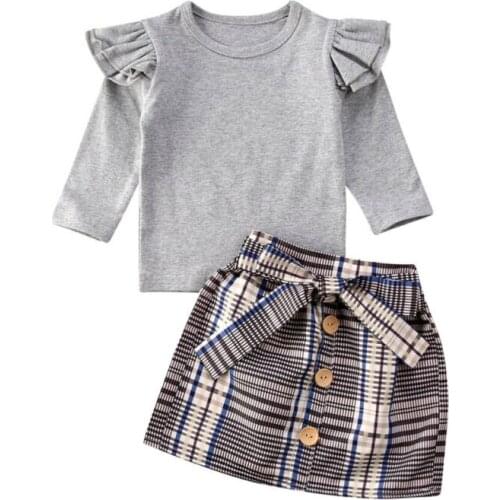 Fashion Baby Girls Matching Clothes Kids Long Sleeve grey T-shirt tops Plaids Bowknot Dress Princess Party Outfit Set