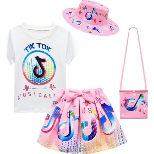 Girls Tik Tok Clothes Sets Hot Summer Tik Tok Short Sleeve Top+Bow Cartoon Print Skirt+Bag 3-piece Kids Childrens Clothing Suit
