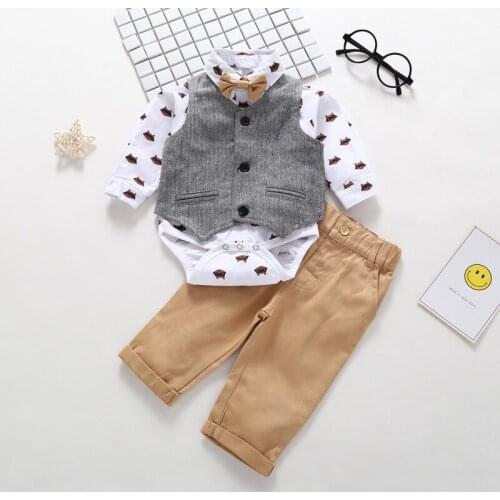 Boys suit boy baby little gentleman dress spring and autumn style suit animal head long-sleeved romper + vest + trousers 3PCS
