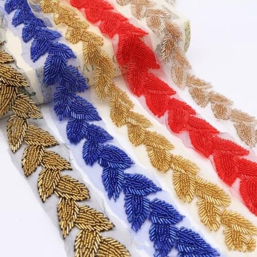 1Yards Beaded Lace Ribbon Lace Fabric Trim Embroidered Collar Wedding Dress Decoration African Lace Fabric Sewing