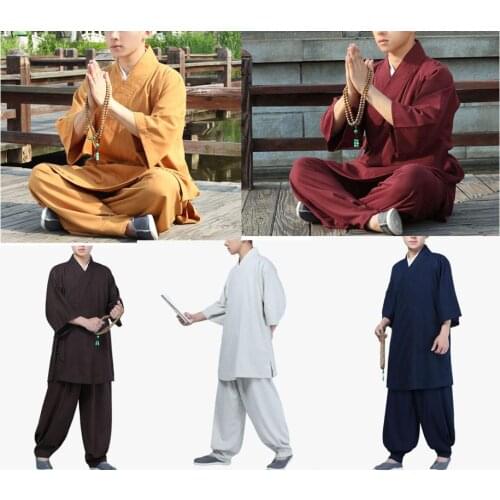 UNISEX Summer short sleeve zen lay arhat abbot suits Buddhist shaolin monks kung fu uniforms martial arts clothing yellow/blue