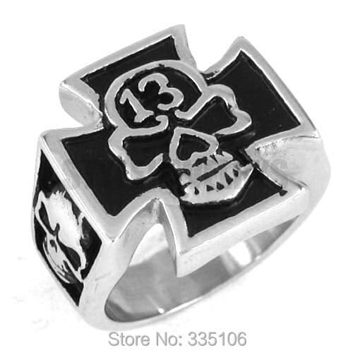 Lucky 13 Skull Cross Ring Stainless Steel Jewelry Fashion Cool Motor Biker Mens Boys Ring SWR0146A