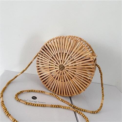 Fashion Round Bamboo Woven Crossbody Bags for Women Hollow Beading Rattan Shoulder Bag Wicker Summer Beach Bali Small Purse 2021