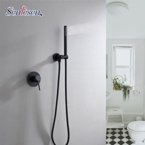 Senlesen Black Thermostatic Shower Faucets Set Rain Waterfall Head Wall Holder Mixer Tap Bath 4-way Thermostatic Shower Faucet