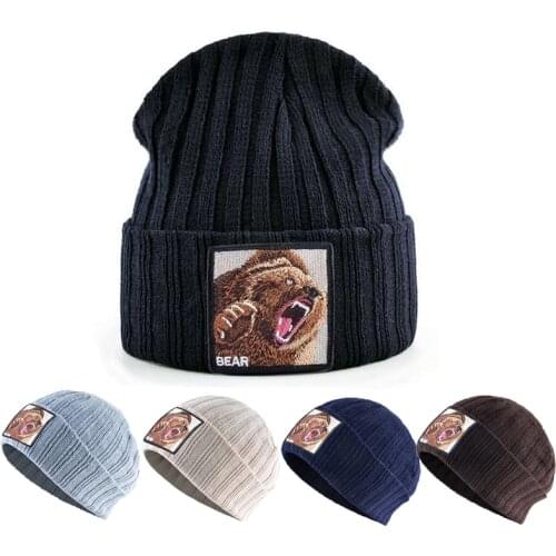 Autumn Winter Hats New Embroidery Bear Knitted Beanies Hat Outdoor Hiking Caps Warm Man Woman Embroidered Dome Knit Hat