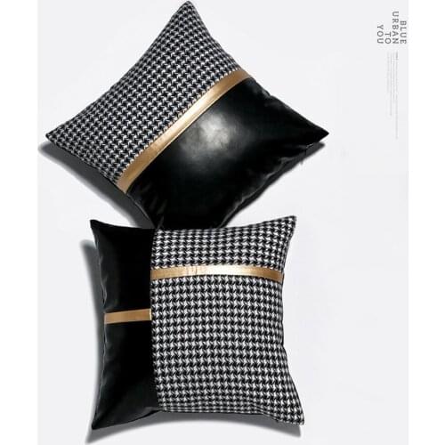 Luxurious Houndstooth PU Stitching Cushion Cover Patchwork Pillow Cover Home Sofa Decorative Grid Pillowcase 45x45 / 30x50cm