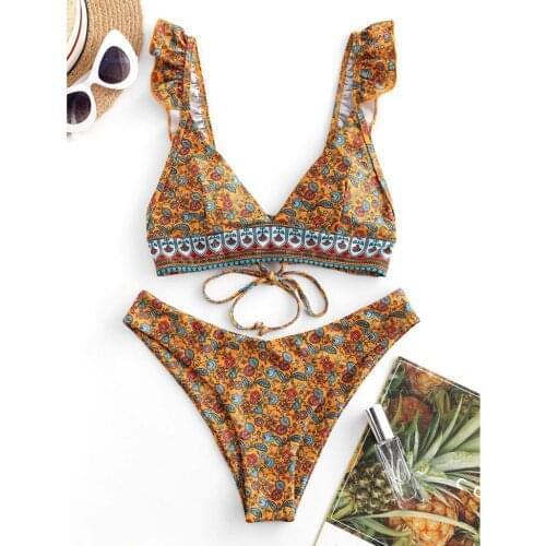 Sexy Bohemian Bikini Set Floral Print Ruffle Backless Summer Swimsuit for Women Bathing Suit Swimwear Brazilian Biquini 2021