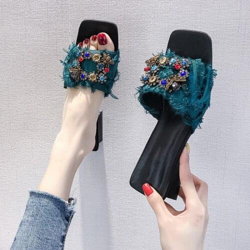 Fashion Women Slides Flip Flops Shoes Slippers Square Toe Colorful Rhinestones Ladies Summer Sandals 2021 Mid Square Heels PW149