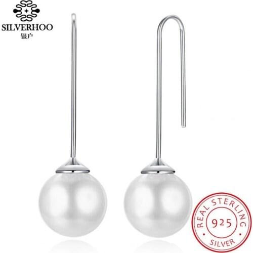 SILVERHOO 925 Sterling Silver Round Big Pearl Earrings Simple Fashion Jewelry Classic Drop Earrings For Women Wedding Gifts