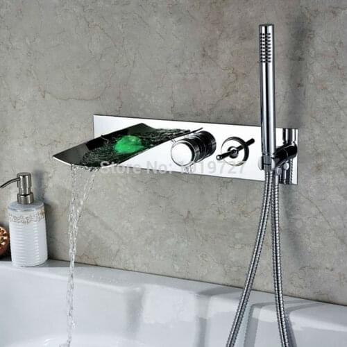 Vidric Brass Led Waterfall Light Bathtub Mixer Tap Chrome Finish Color Changing Single Handle Wall Mount Tub Faucet With Hand Sh