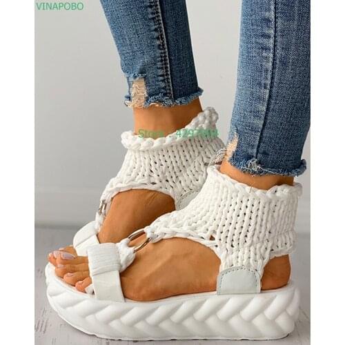 Knitted Elastic Sandals New Summer Shoes Women Fashion Mesh Open Toe Flat Sandals Sweet Hollow Slip-On Female Platform Shoes