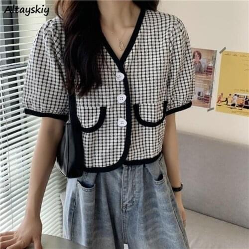 Shirts Women Plaid Pockets Design Preppy Cute Sweet Loose Cropped Korean Style Popular Summer Retro Casual All-match Girls Ins