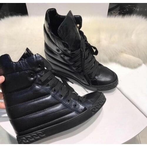 Fashion Ankle Boots For Women Platform Shoes Black Wedge Genuine Leather Ladies Height Increasing Casual Shoes Zapatillas Mujer