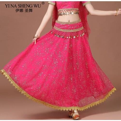 Bollywood Dance Costume Skirt Women Oriental Belly Dance Indian Sari Performance Sequin Chiffon Skirts Stage Show Clothing New