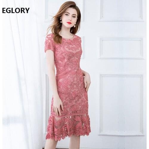 XXXL Dress Vestido De Festa 2020 Spring Autumn Women O-Neck Allover Appliques Embroidery Short Sleeve Midi Pink Dark Blue Dress