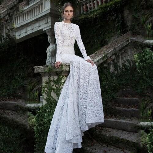 Sexy Backless Scoop Neck White Wedding Dresses 2021 Long Sleeve Lace Mermaid Bridal Gown Plus Size Gowns