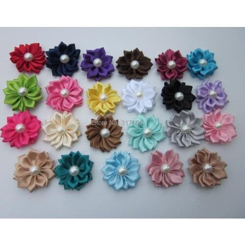 30pcs/lot DIY flower WITHOUT CLIP,Satin Ribbon Multilayers Flower With Pearl,Girls Hair Accessories