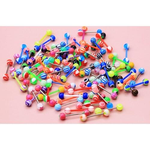 BODY PUNK 50pcs Tongue Bars Plastic Pack 14g 316L Stainless Steel Barbells Assorted Colors Flexible Multicolor Tongue Rings