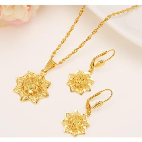 Bangrui Ethiopian Gold Color set Jewelry Pendant Chain Earrings African Bride Wedding Flower Bijoux