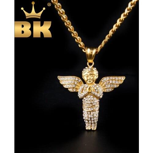 THE BLING KING Gold Color Iced Out Prayer Angel Pendant Hip Hop Bling Full Rhinestone Charm Cuban Chain Necklaces Mens Jewelry