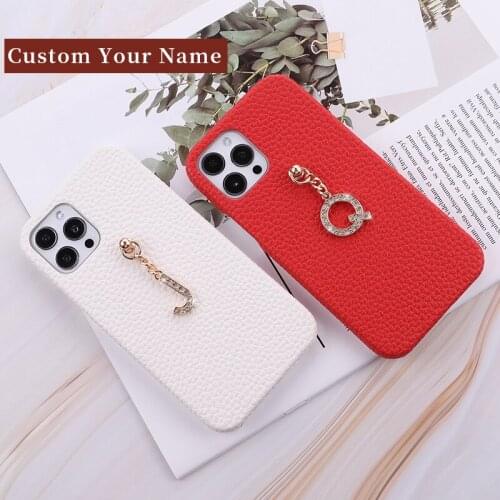 Custom Name Pebble Leather Cowhide Phone Shell Case For iPhone11 12 Pro Mini Max X XR XS 7 8Plus Pendant Metal Letters Cover