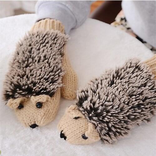 CHSDCSI Girls Novelty Cartoon Winter Gloves for Women Knit Warm Gloves Hedgehog Heated Wrist Mittens Warm Knitting Wool Mittens