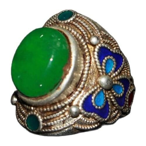China Old Tibetan Silver Inlaid Jade Ring Ornament