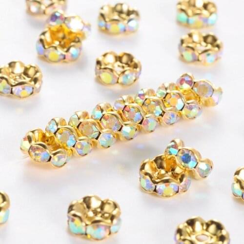 8mm AB Color Grade A Rondelle Brass Rhinestone Spacer Beads for Jewelry Making Golden Color Nickel Free,3.8mm thick; hole: 1