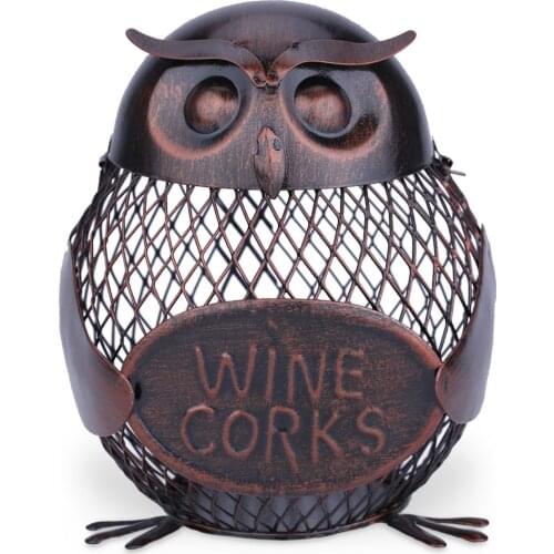 Tooarts Owl-shaped Metal Sculpture Mesh Wine Bottle Holder Bottle Cork Container Iron Art Practical Decoration Creative Craft