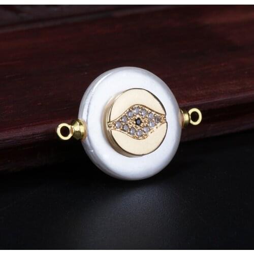 Multiple colors cz gold disc evil eye luck charm flat coin pearl beads 2 buckles connector for bracelet earring jewelry DIY