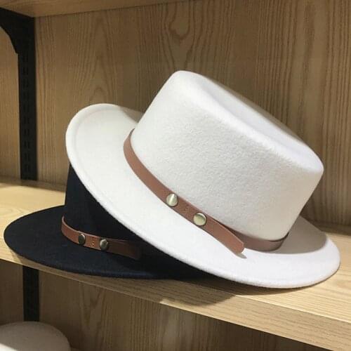 2021 New Winter Fahsion Hats For Women Fedoras With Belt Around White Black Boater Wool Hat Porkpie Style Adjustable Fascinator