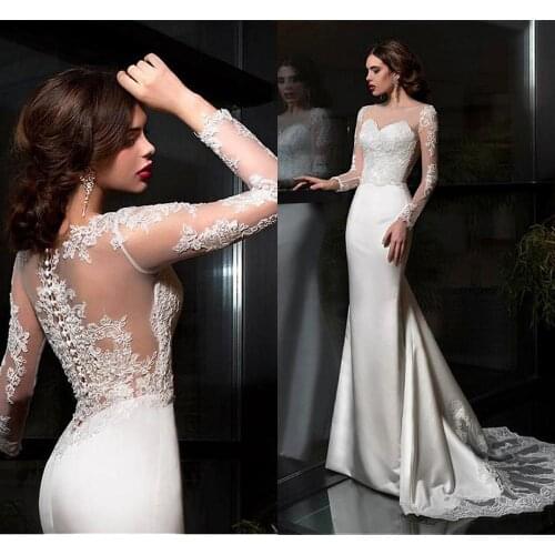 New Designer Elegant Satin Bateau Neck Sheath Wedding Dresses 2020 With Lace Appliques Train Long Sleeves Bridal Dress