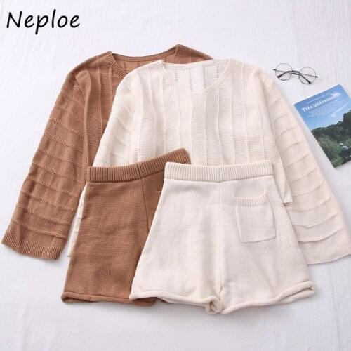 Neploe Apring Autumn New Stylish Knitted Short Sets O-neck Long Sleeve Crop Tops + Elastic Waist Wide Leg Shorts Two-piece Suit